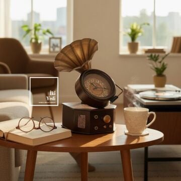 Magnus Retro Gramofon Tasarımlı Metal Masa Saati Dekoratif Lüks Hediyelik Saat Vintage Ofis Ev Obje