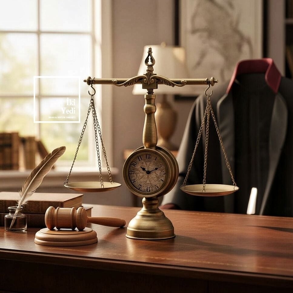 Stetson Terazi Tasarım Masa Saati 49 cm | Hakim Savcı Avukat Hediyesi Metal Adalet Saati Dekoratif