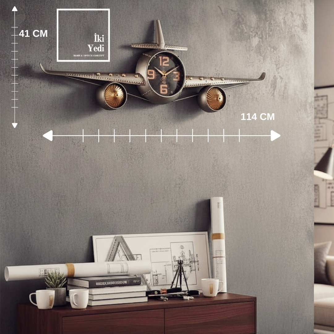 Wexner Metal Uçak Duvar Saati 114 cm | Retro Tasarım Büyük Boy Dekoratif Duvar Saati Ofis Hediyesi