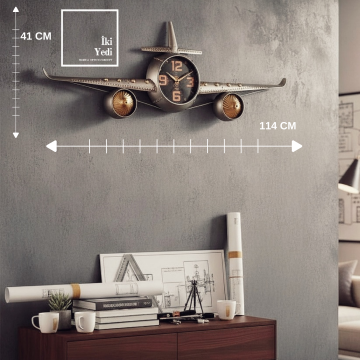 Wexner Metal Uçak Duvar Saati 114 cm | Retro Tasarım Büyük Boy Dekoratif Duvar Saati Ofis Hediyesi