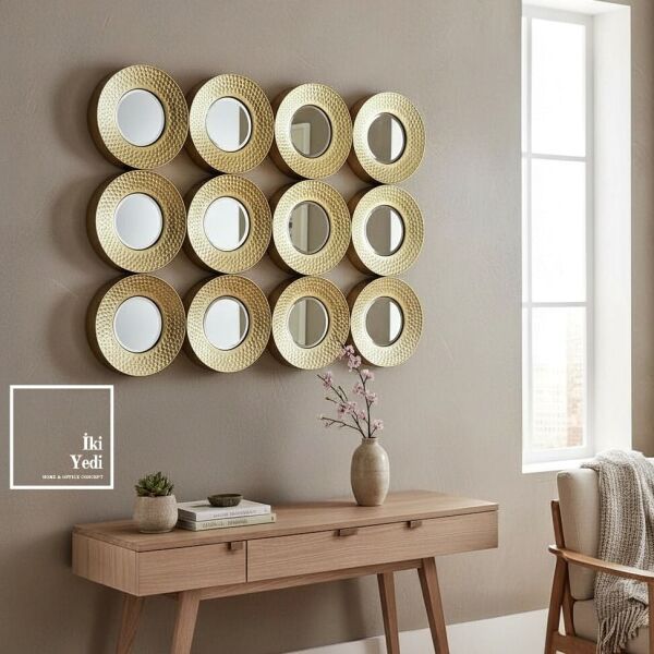 Auxerre Altın Renk Lüks Duvar Dekoru Aynalı Pano Modern Metal Yuvarlak Panel Tasarım Büyük Prestij