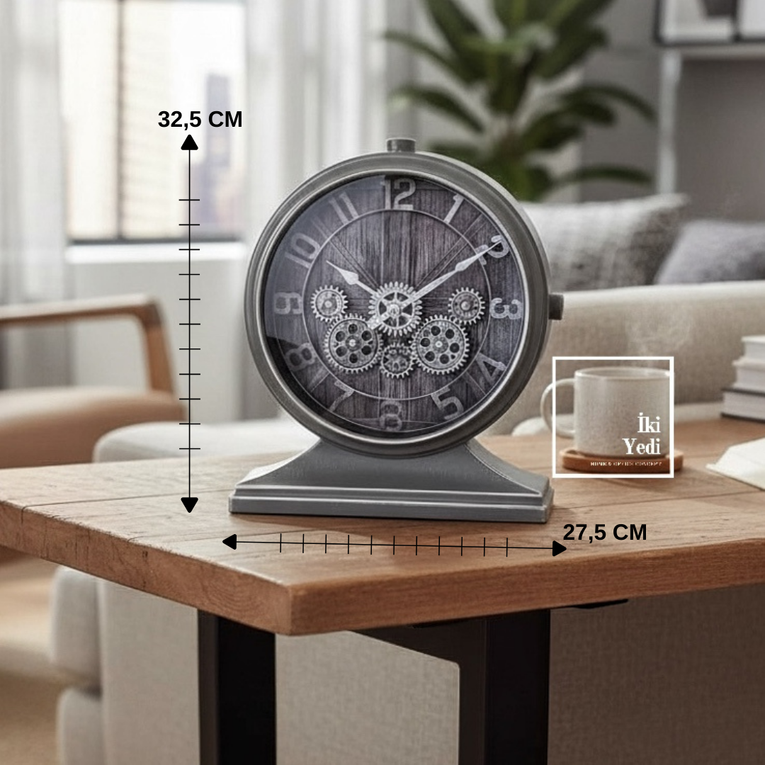 Schornak Steampunk Dişli Döner Çarklı Mekanizmalı Masa Saati Gri Retro Mekanik Tasarım Dekor Saat