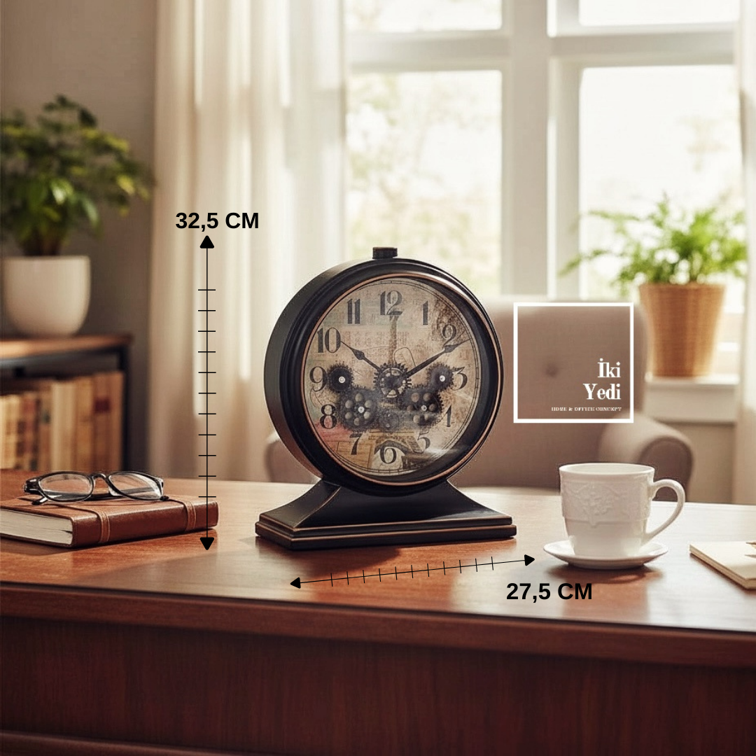 Branton Döner Çarklı Masa Saati Siyah Renk Konsol Masa Üstü Saat Ofis Hediyesi Aksesuar Ev Dekor