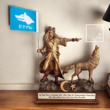 Göktürk İmparatorluğu Bilge Kağan ve Bozkurt Heykeli Türk Tarihi Dekor Ofis Büro Ev Hediyesi Ay Yıldız