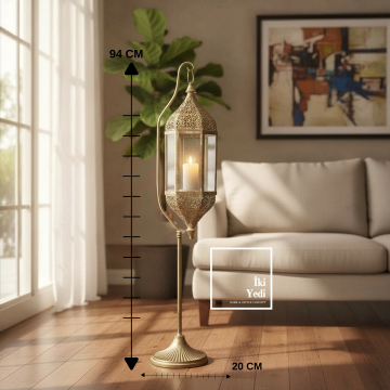 Cantley Lüks Ayaklı Fener Mumluk 94 cm | Altın Eskitme Dekoratif Salon Boy Şamdan Ev Ofis Hediyesi