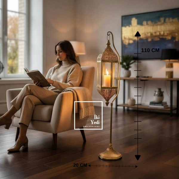 Cantley Lüks 110 cm Ayaklı Altın Fener | Büyük Dekoratif Şamdan Mumluk, Premium Ev Ofis Objesi