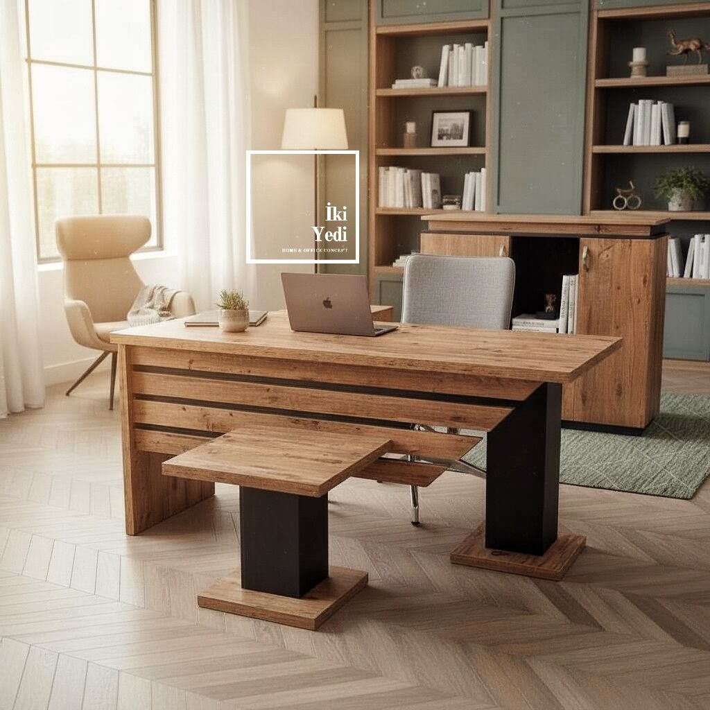 Hausser Çam Rengi Yönetici Masa Takımı – Modern Ofis Masa Takımı, Patron Masası Ofis Mobilyası Spor