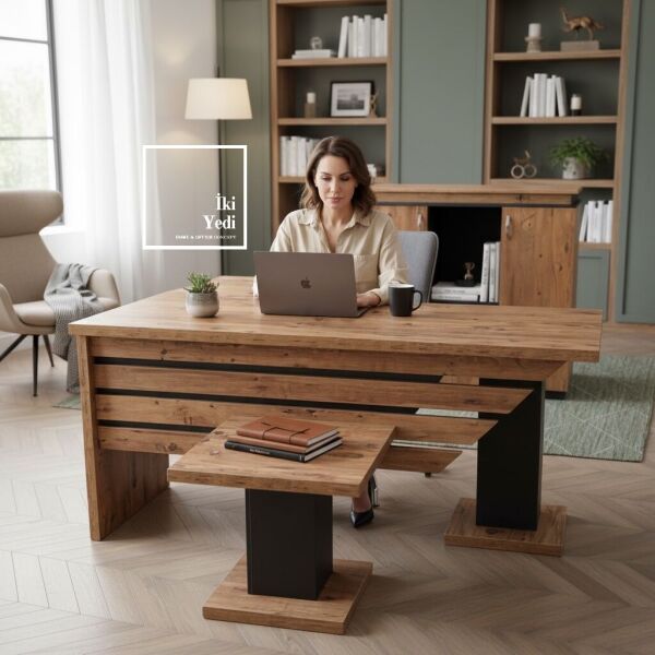 Hausser Çam Rengi Yönetici Masa Takımı – Modern Ofis Masa Takımı, Patron Masası Ofis Mobilyası Spor