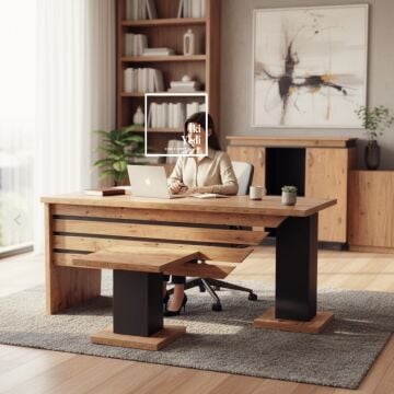 Hausser Çam Rengi Yönetici Masa Takımı – Modern Ofis Masa Takımı, Patron Masası Ofis Mobilyası Spor