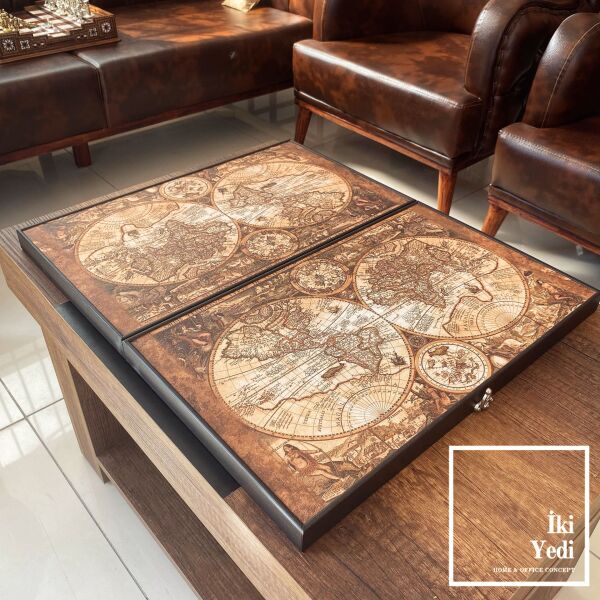 Petrus Plancius Tasarım Hemispheres Ahşap Tavla Takımı Antik Lüks Koleksiyon Ürünü Backgammon Unutulmaz Hediyelik