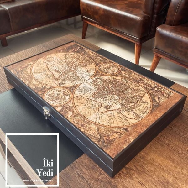 Petrus Plancius Tasarım Hemispheres Ahşap Tavla Takımı Antik Lüks Koleksiyon Ürünü Backgammon Unutulmaz Hediyelik