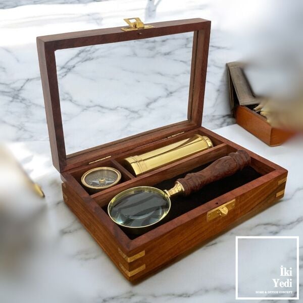 Aragon Ahşap Kutulu Antika Büyüteç Dürbün Pusula Seti – Ofis Hediyesi Masa Üstü Dekor Obje