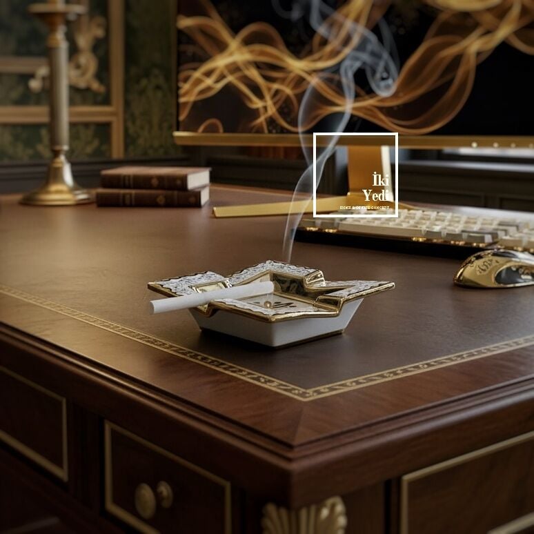 Tominay 771 Kraliyet Dokunuşu Seramik Küllük Dekoratif Ofis Ev Hediyesi Altın Yaldız Kültablası