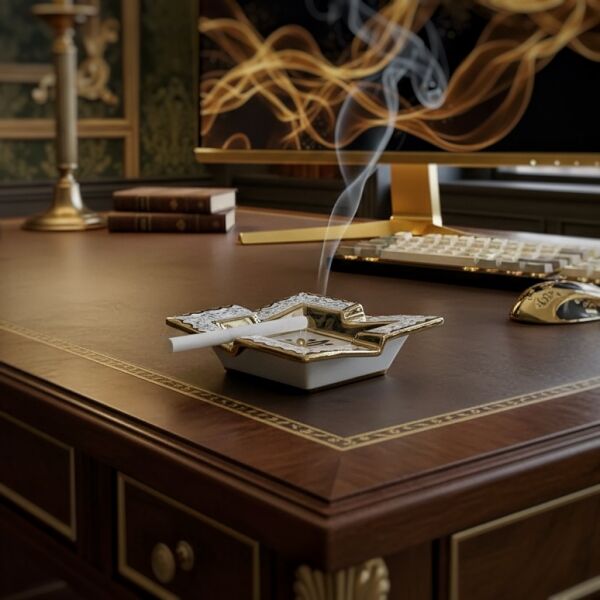 Tominay 771 Kraliyet Dokunuşu Seramik Küllük Dekoratif Ofis Ev Hediyesi Altın Yaldız Kültablası