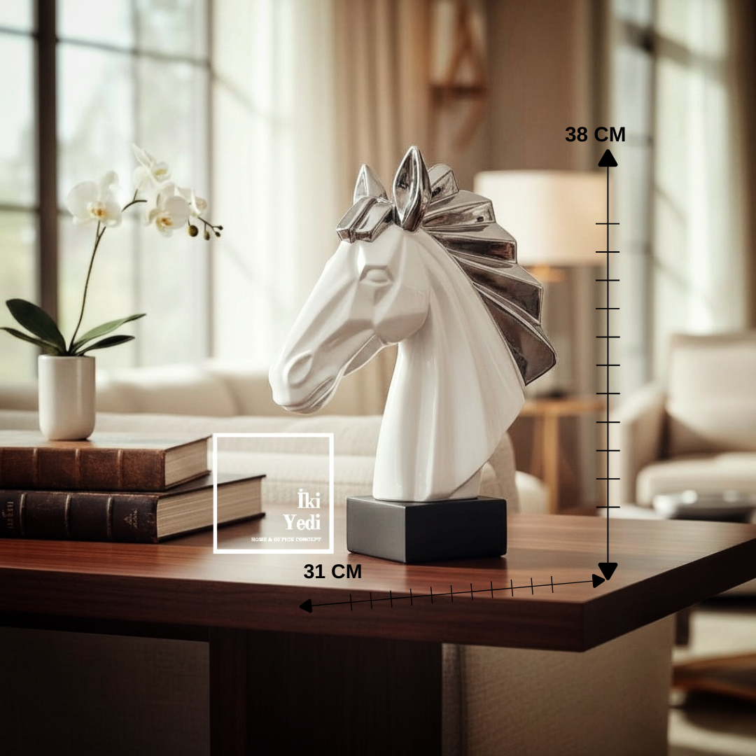 Ancille 38 cm Büyük Seramik At Heykeli At Kafası Büst Dekoru Lüks Beyaz Gri Obje Ev Ofis Hediyesi