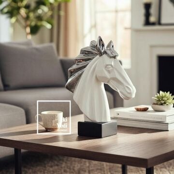 Ancille 38 cm Büyük Seramik At Heykeli At Kafası Büst Dekoru Lüks Beyaz Gri Obje Ev Ofis Hediyesi