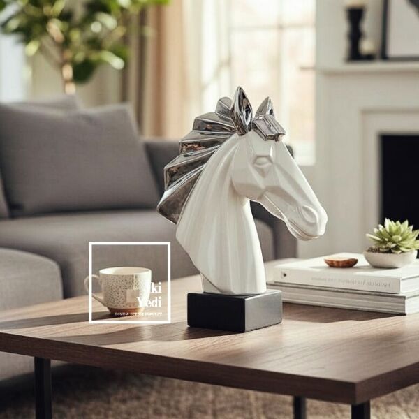 Ancille 38 cm Büyük Seramik At Heykeli At Kafası Büst Dekoru Lüks Beyaz Gri Obje Ev Ofis Hediyesi