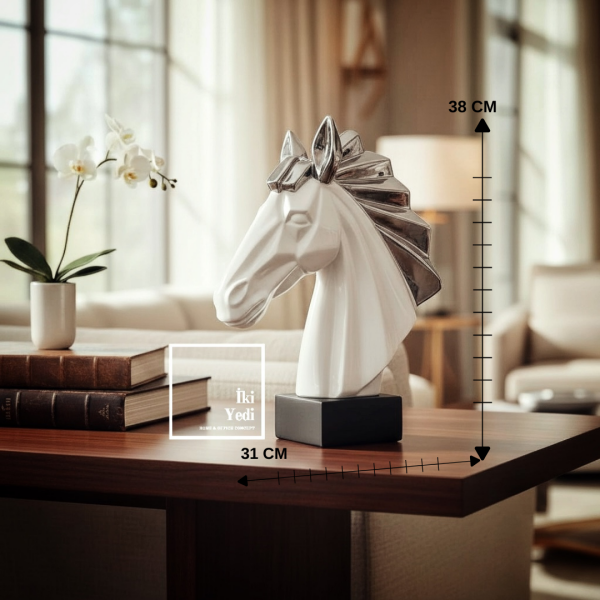 Ancille 38 cm Büyük Seramik At Heykeli At Kafası Büst Dekoru Lüks Beyaz Gri Obje Ev Ofis Hediyesi