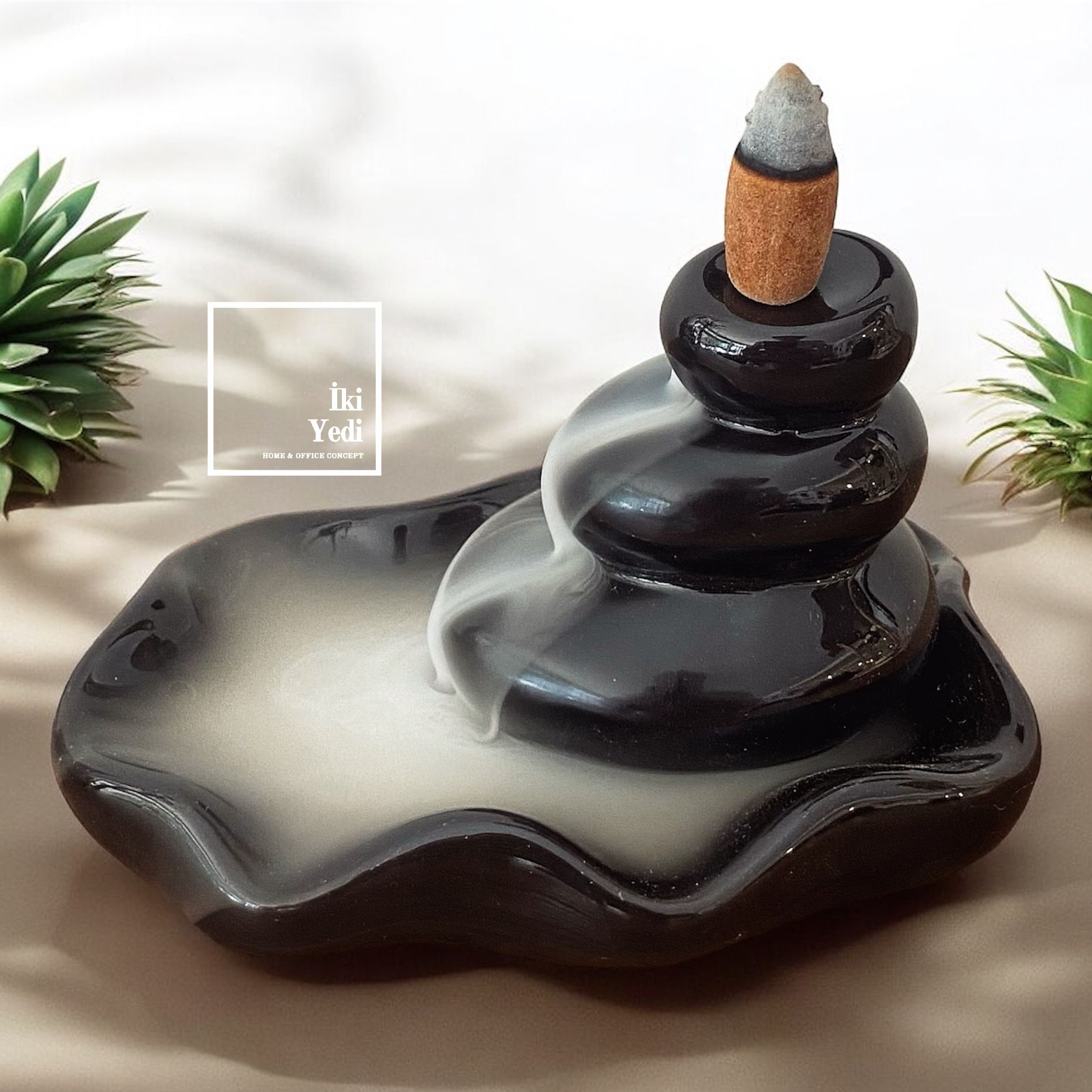 Malchen 77-1 Siyah Seramik Geri Akış Tütsülük – Meditasyon ve Aromaterapi İçin Tütsü Kabı