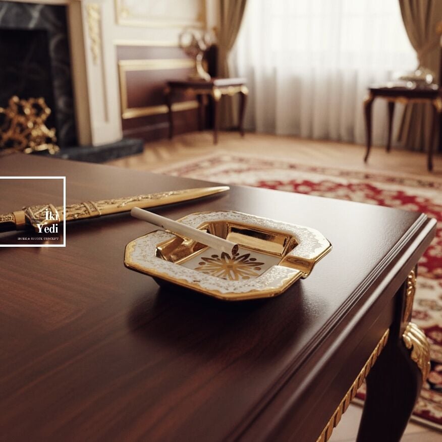 Tominay 773 Kraliyet Dokunuşu Seramik Küllük Dekoratif Masa Üstü Aksesuar Ofis Ev Hediyesi Golden