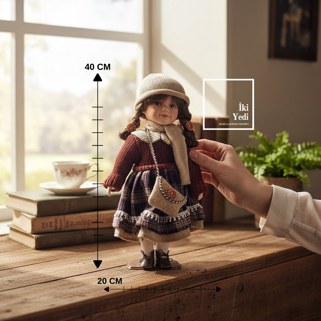 Katarina 40 cm Porselen Yüzlü Koleksiyon Bebek Vintage Elbise, Örgü Aksesuar, Dekoratif Bebek Obje