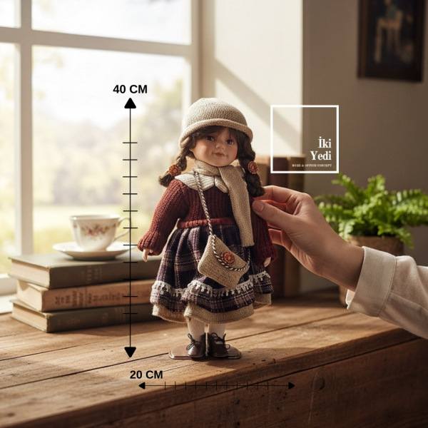 Katarina 40 cm Porselen Yüzlü Koleksiyon Bebek Vintage Elbise, Örgü Aksesuar, Dekoratif Bebek Obje