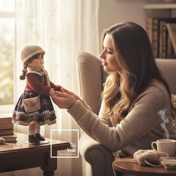 Katarina 40 cm Porselen Yüzlü Koleksiyon Bebek Vintage Elbise, Örgü Aksesuar, Dekoratif Bebek Obje