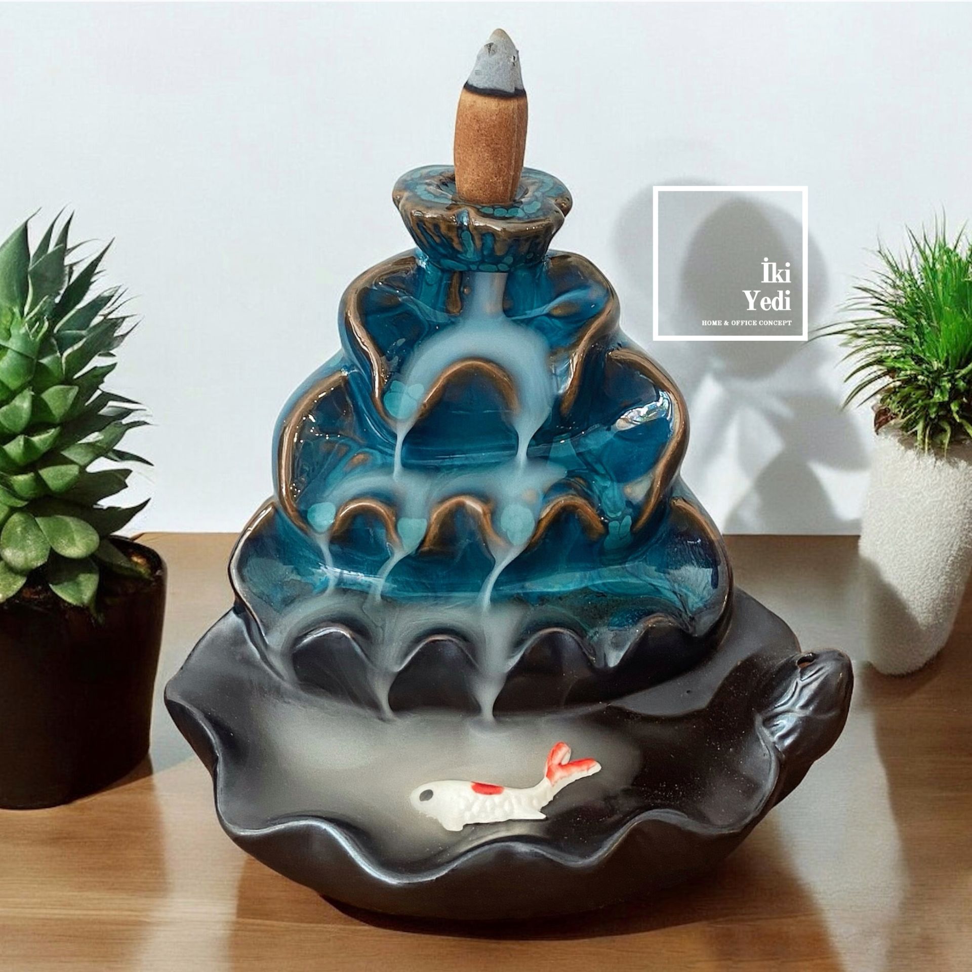 Malchen 77-3 Balıklı Seramik Geri Akış Tütsülük Aromaterapi ve Meditasyon İçin Dekoratif Tütsü Kabı