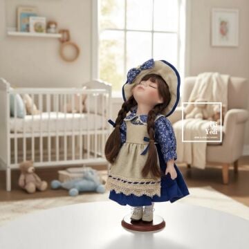Katarina Porselen Yüzlü Vintage Bebek – 35 cm Elbise ve Şapkalı Dekoratif Oyuncak Bebek Obje