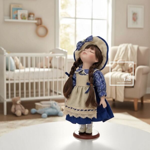 Katarina Porselen Yüzlü Vintage Bebek – 35 cm Elbise ve Şapkalı Dekoratif Oyuncak Bebek Obje