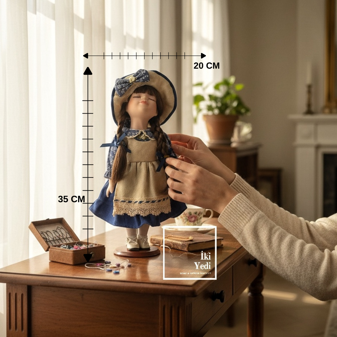 Katarina Porselen Yüzlü Vintage Bebek – 35 cm Elbise ve Şapkalı Dekoratif Oyuncak Bebek Obje