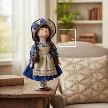 Katarina Porselen Yüzlü Vintage Bebek – 35 cm Elbise ve Şapkalı Dekoratif Oyuncak Bebek Obje