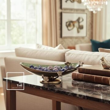 Enrico Lüks Metal Döküm Sedef Kaplama Dekoratif Kase 44 cm Meyvelik Servis ve Salon Objesi VIP Lux