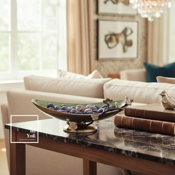 Enrico Lüks Metal Döküm Sedef Kaplama Dekoratif Kase 44 cm Meyvelik Servis ve Salon Objesi VIP Lux