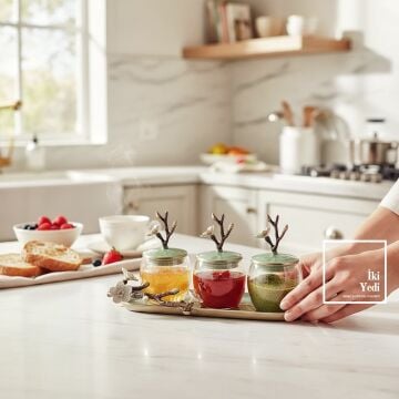 Enrico Sedef Kaplama 3’lü Metal Döküm Lüks Baharatlık Dekoratif Cam Kavanoz Seti VIP Hediyeler Ev