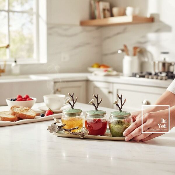 Enrico Sedef Kaplama 3’lü Metal Döküm Lüks Baharatlık Dekoratif Cam Kavanoz Seti VIP Hediyeler Ev