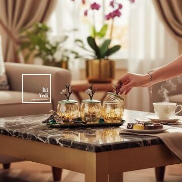 Enrico Sedef Kaplama 3’lü Metal Döküm Lüks Baharatlık Dekoratif Cam Kavanoz Seti VIP Hediyeler Ev