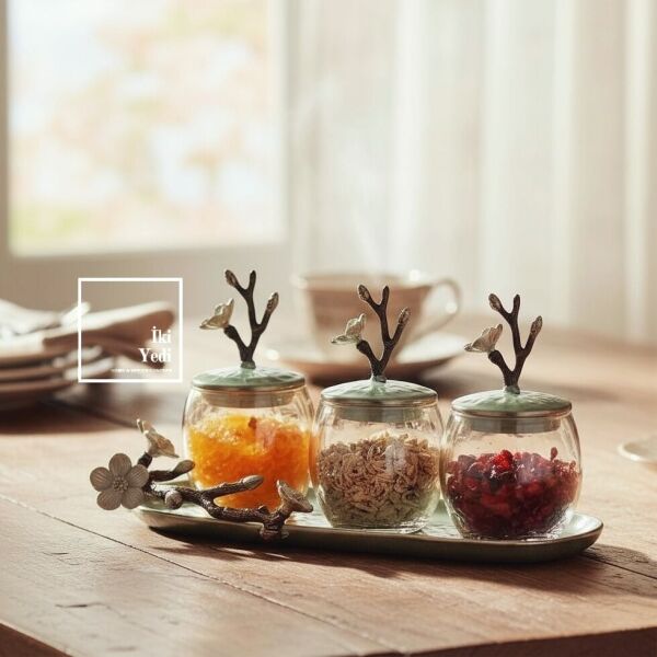 Enrico Sedef Kaplama 3’lü Metal Döküm Lüks Baharatlık Dekoratif Cam Kavanoz Seti VIP Hediyeler Ev