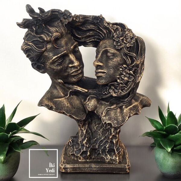 Lovers 77-1 Aşık Yüzler Heykeli Romantik Çift Figürü Antik Bronz Renk Dekoratif Aşk Heykeli Sevgili
