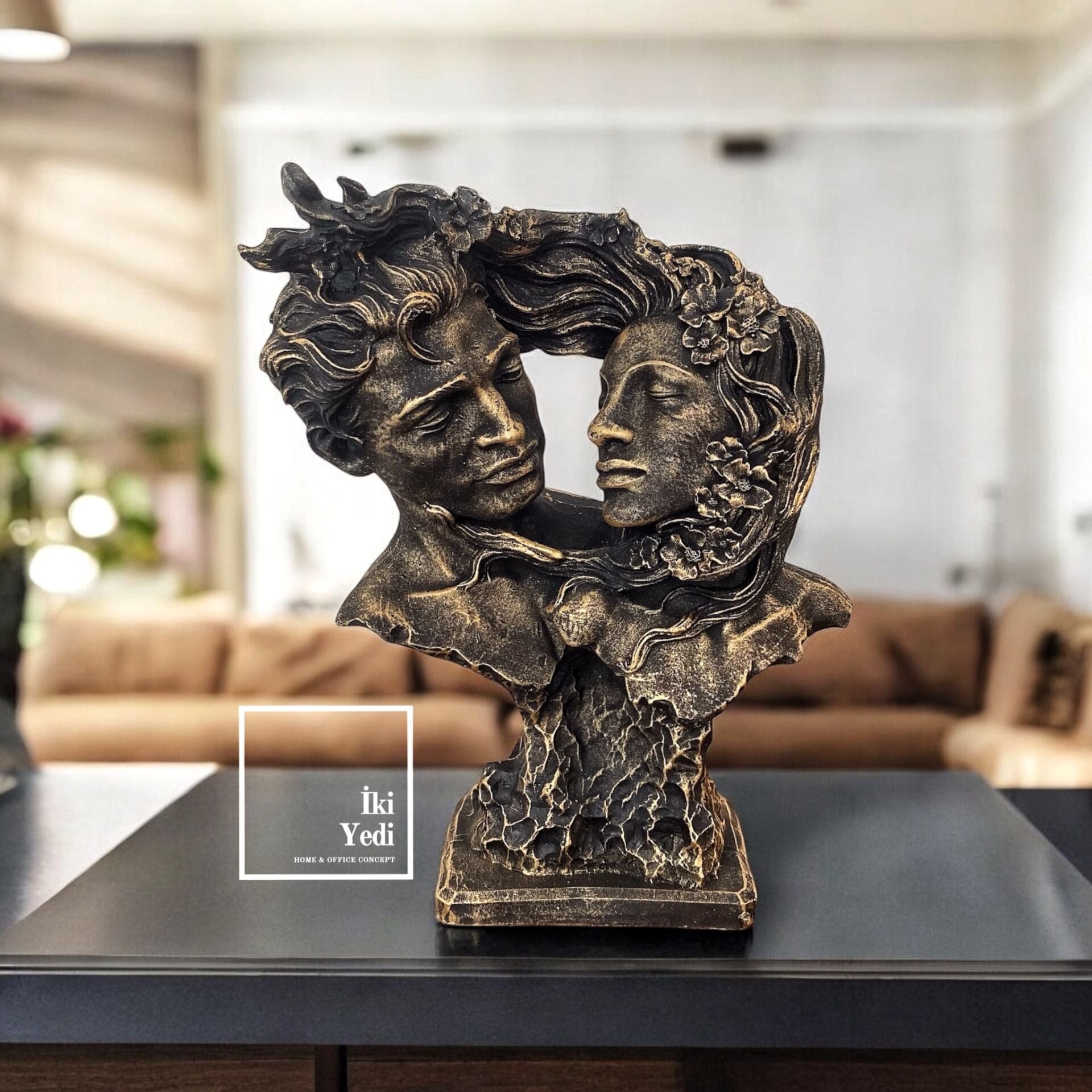 Lovers 77-1 Aşık Yüzler Heykeli Romantik Çift Figürü Antik Bronz Renk Dekoratif Aşk Heykeli Sevgili