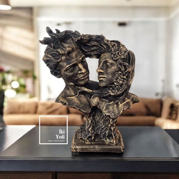 Lovers 77-1 Aşık Yüzler Heykeli Romantik Çift Figürü Antik Bronz Renk Dekoratif Aşk Heykeli Sevgili