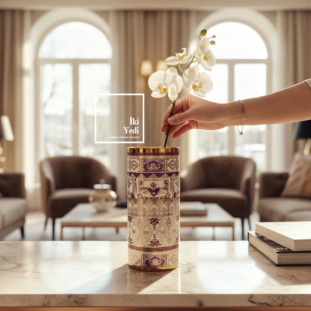 Nikos İşlemeli Porselen Dekoratif Vazo 32 cm Lüks Masa Üstü Çiçeklik Modern Aksesuar Ev Ofis Hediye