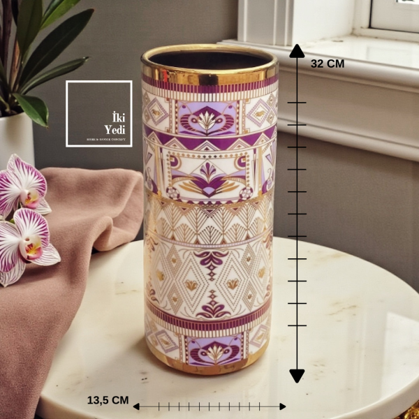 Nikos İşlemeli Porselen Dekoratif Vazo 32 cm Lüks Masa Üstü Çiçeklik Modern Aksesuar Ev Ofis Hediye