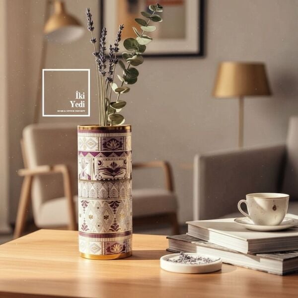 Nikos İşlemeli Porselen Dekoratif Vazo 32 cm Lüks Masa Üstü Çiçeklik Modern Aksesuar Ev Ofis Hediye