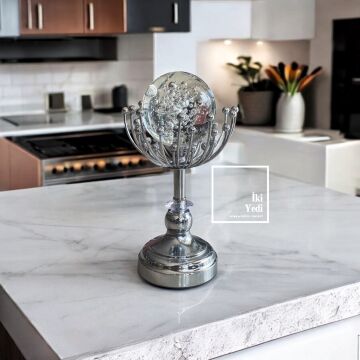 Brajan 77-1 Kristal Cam Küreli Gümüş Obje, Dekoratif Biblo, Lüks Ev Ofis Masaüstü Hediyelik