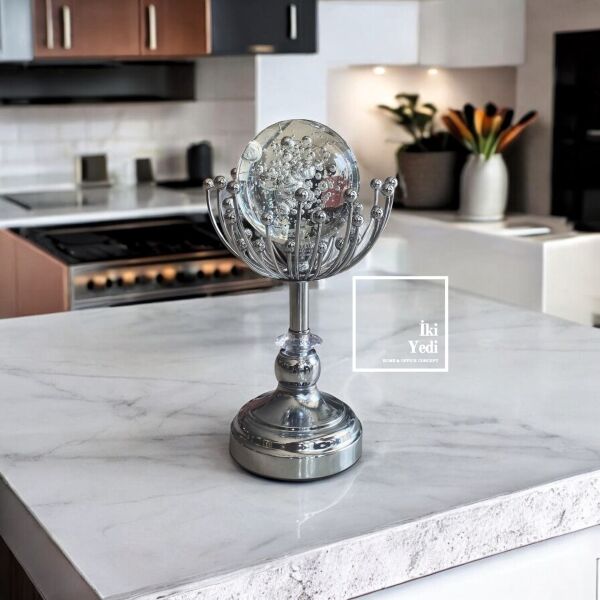 Brajan 77-1 Kristal Cam Küreli Gümüş Obje, Dekoratif Biblo, Lüks Ev Ofis Masaüstü Hediyelik