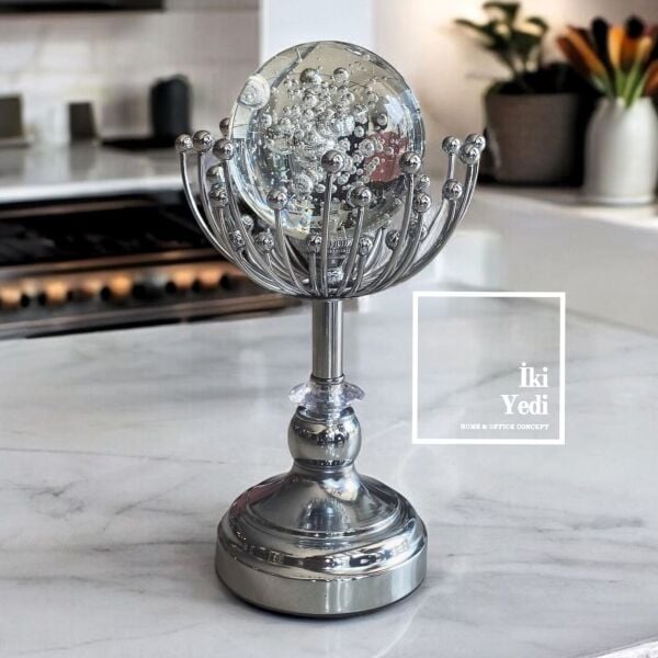 Brajan 77-1 Kristal Cam Küreli Gümüş Obje, Dekoratif Biblo, Lüks Ev Ofis Masaüstü Hediyelik