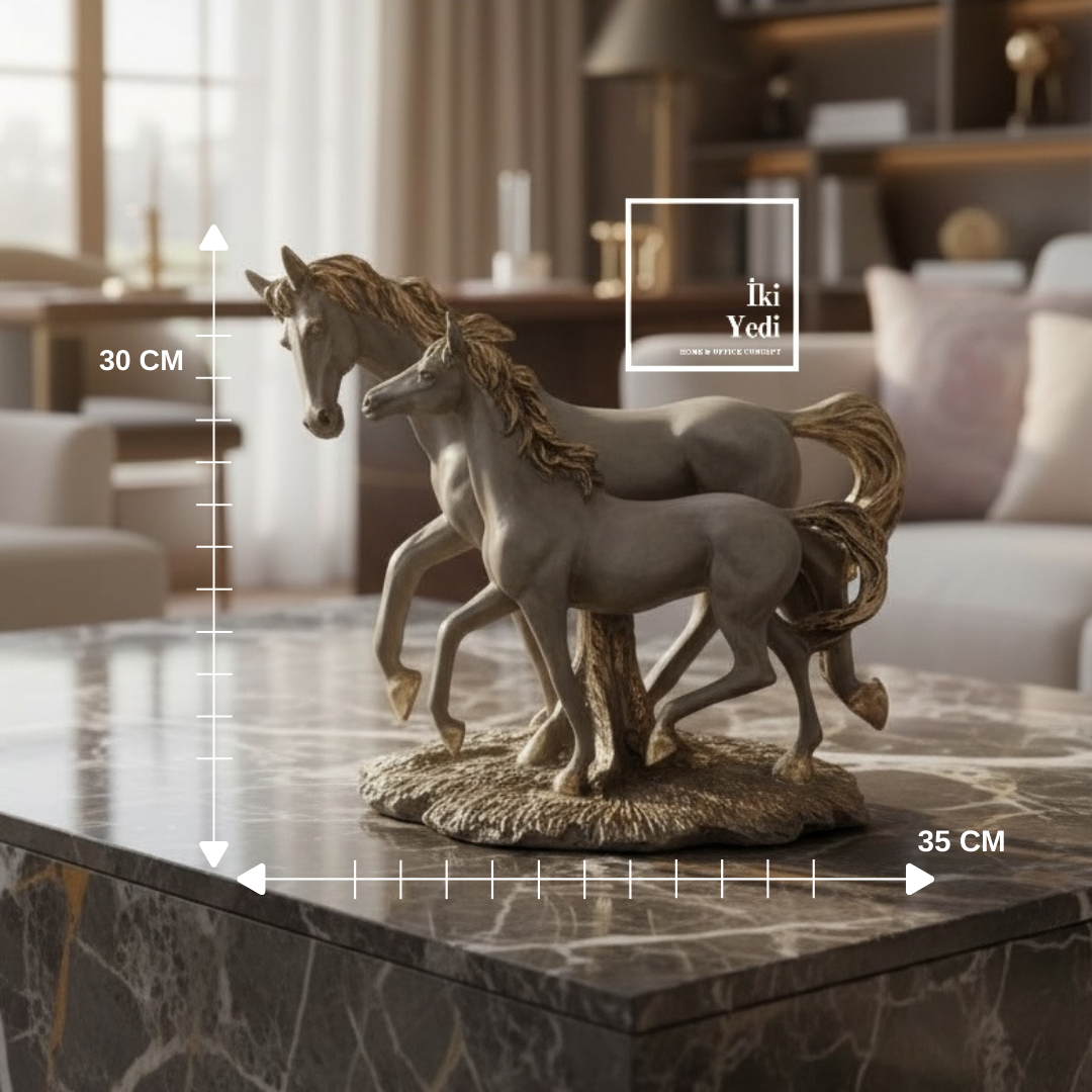 Agazzi Koşan Atlar Heykeli 35 cm Dekoratif Biblo, Ev ve Ofis Masaüstü Şık Obje Yavrulu Tay At Dekor