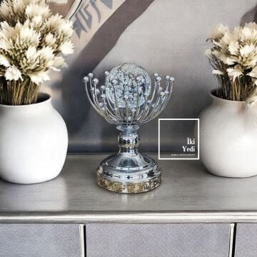 Brajan 77-2 Gümüş Metal Kristal Küre Obje, Cam Dekoratif Biblo, Lüks Ev Ofis Hediyelik Aksesuar