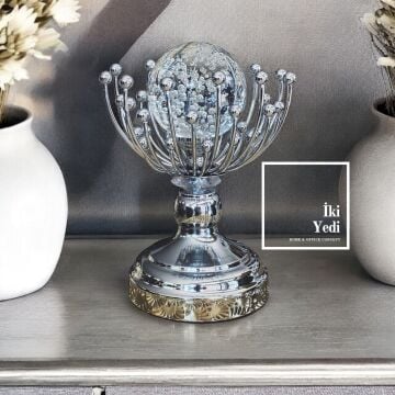 Brajan 77-2 Gümüş Metal Kristal Küre Obje, Cam Dekoratif Biblo, Lüks Ev Ofis Hediyelik Aksesuar